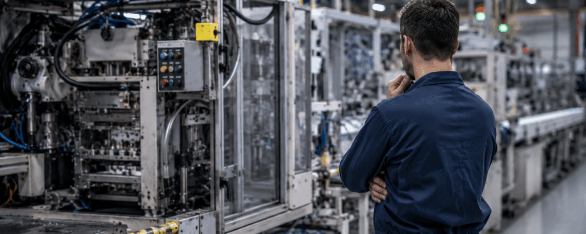 Tecnico industriale davanti a una linea automatizzata durante l'analisi delle cause di un fermo macchina in ambiente produttivo.