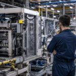 Tecnico industriale davanti a una linea automatizzata durante l'analisi delle cause di un fermo macchina in ambiente produttivo.