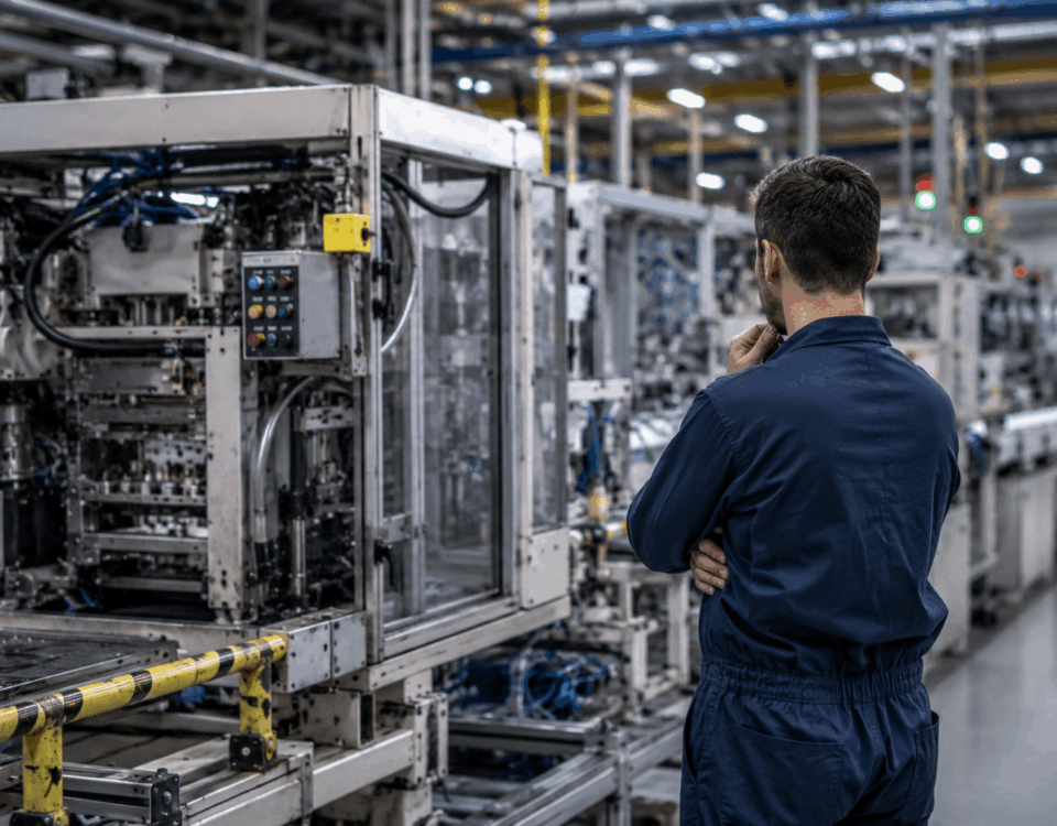 Tecnico industriale davanti a una linea automatizzata durante l'analisi delle cause di un fermo macchina in ambiente produttivo.