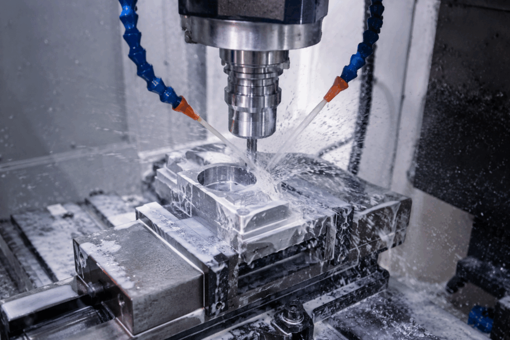 Centro di lavoro CNC durante la lavorazione di un componente meccanico per la produzione di ricambi industriali.