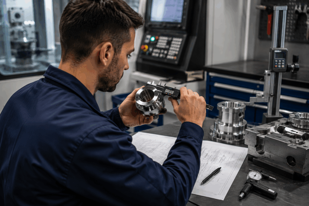 Tecnico che misura un componente meccanico con un calibro durante l'analisi dimensionale per la realizzazione di un ricambio industriale.