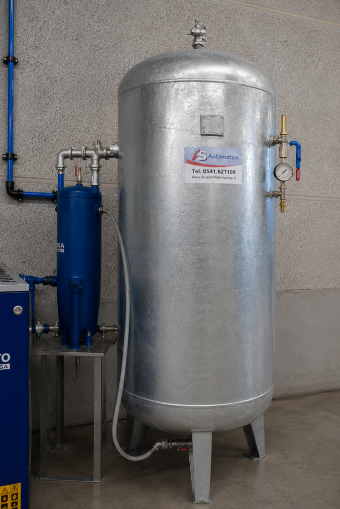 Serbatoio verticale per aria compressa installato in un impianto industriale con valvole, manometro e collegamento alla rete di distribuzione dell'aria compressa