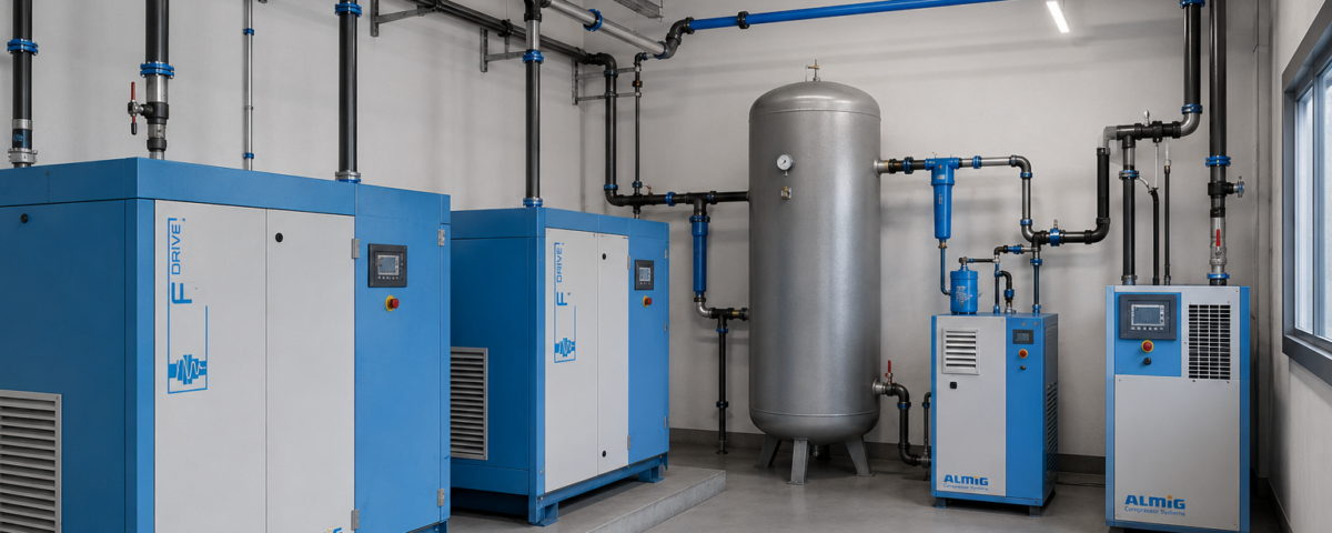 Sala compressori industriale con compressori Almig, tubazioni in alluminio, serbatoio di accumulo ed essiccatore progettata per massimizzare l'efficienza energetica dell'impianto di aria compressa.
