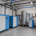 Sala compressori industriale con compressori Almig, tubazioni in alluminio, serbatoio di accumulo ed essiccatore progettata per massimizzare l'efficienza energetica dell'impianto di aria compressa.