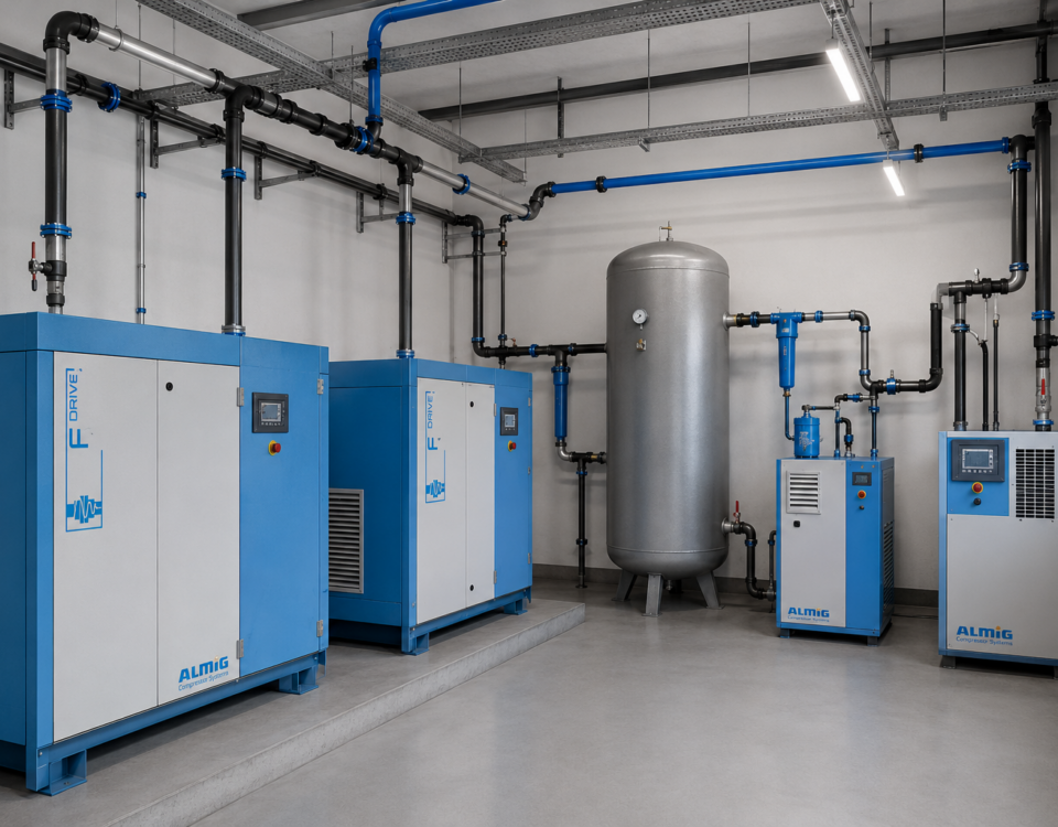 Sala compressori industriale con compressori Almig, tubazioni in alluminio, serbatoio di accumulo ed essiccatore progettata per massimizzare l'efficienza energetica dell'impianto di aria compressa.