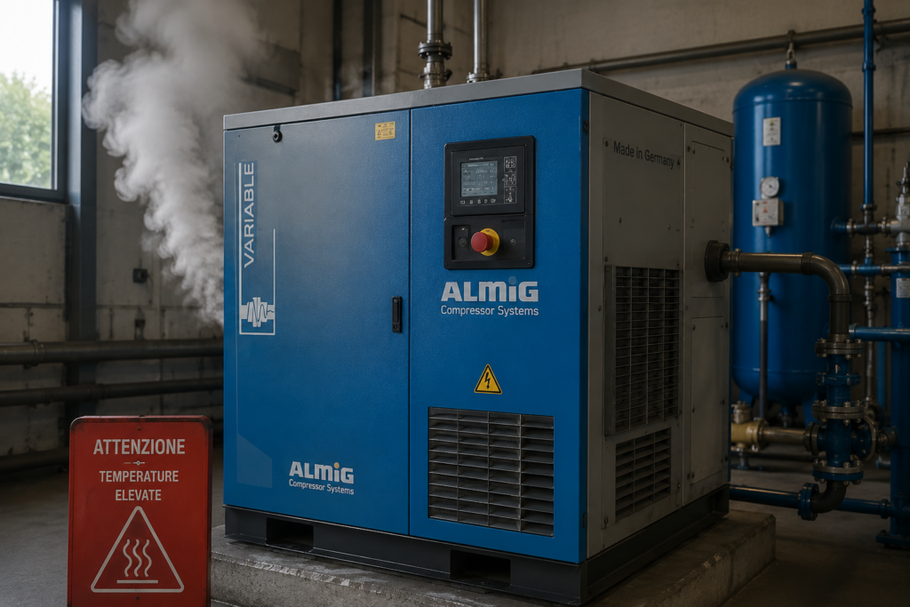 Compressore industriale Almig installato in una sala compressori con temperatura elevata, condizione che aumenta i consumi energetici e riduce l'efficienza dell'impianto.