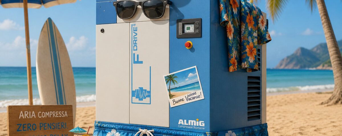 Compressore a vite con cappello e occhiali da sole in spiaggia: il fermo estivo aria compressa