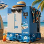 Compressore a vite con cappello e occhiali da sole in spiaggia: il fermo estivo aria compressa