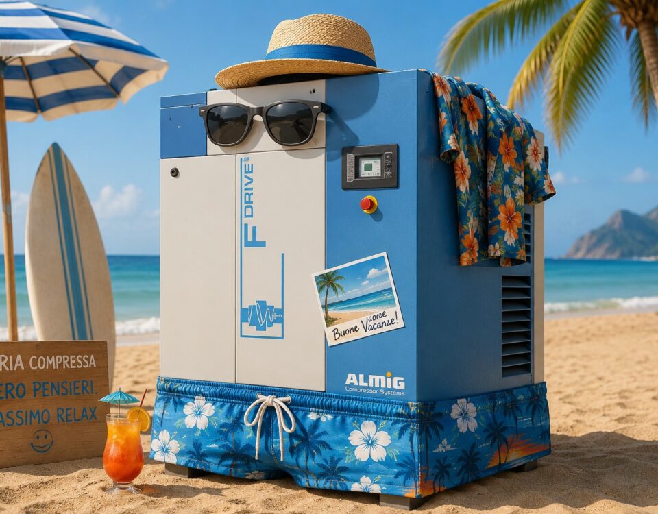 Compressore a vite con cappello e occhiali da sole in spiaggia: il fermo estivo aria compressa