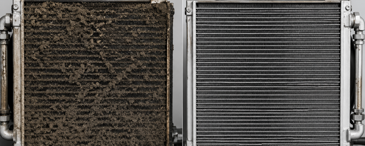 Confronto tra il pacco radiante di un compressore ostruito da sporco e lo stesso radiatore dopo la pulizia