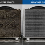 Confronto tra il pacco radiante di un compressore ostruito da sporco e lo stesso radiatore dopo la pulizia
