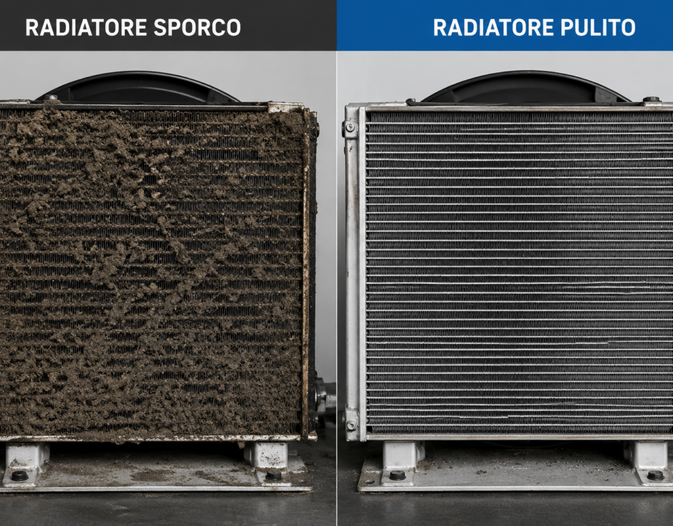 Confronto tra il pacco radiante di un compressore ostruito da sporco e lo stesso radiatore dopo la pulizia
